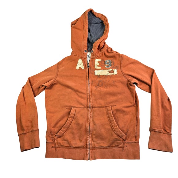 American Eagle Outfitters Other - Vintage Y2K Fit American Eagle Hoodie Men Medium Orange Full Zip Distressed Hobo